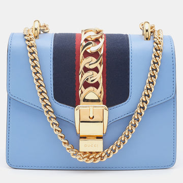 GUCCI Light Blue Leather Mini Chain Sylvie Crossbody Bag