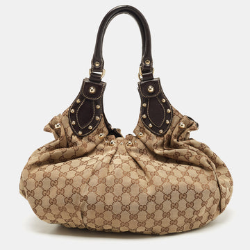 GUCCI Ebony/Beige GG Canvas and Leather Small Studded Hobo