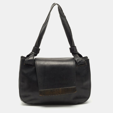 GUCCI Black Leather Wood Flap Shoulder Bag