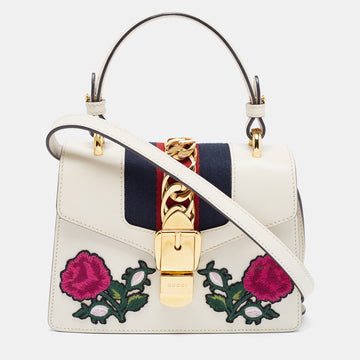 GUCCI White Leather Mini Sylvie Top Handle Bag