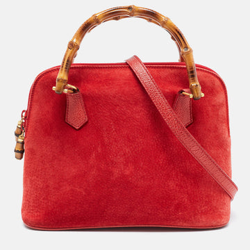 GUCCI Red Suede and Leather Bamboo Handle Satchel