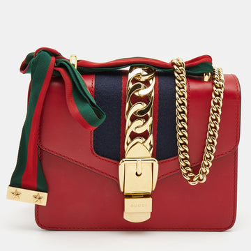 GUCCI Red Leather Mini Web Chain Sylvie Crossbody Bag