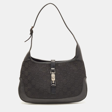 GUCCI Black GG Canvas and Leather Jackie O Hobo