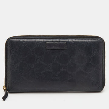 GUCCI Black ssima Leather Zip Around Continental Wallet