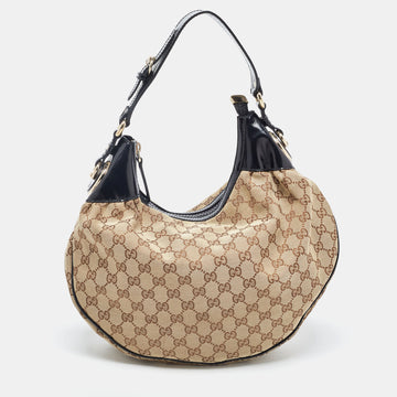 GUCCI Beige/Black GG Canvas and Patent Leather Medium Full Moon Hobo
