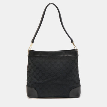 GUCCI Black GG Canvas and Leather Shoulder Bag