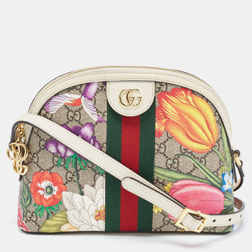 GUCCI Off White/Beige GG Supreme Canvas Small Floral Web Ophidia GG Shoulder Bag