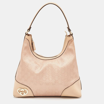 GUCCI Beige/Metallic Pink GG Canvas and Leather Medium Lovely Hobo