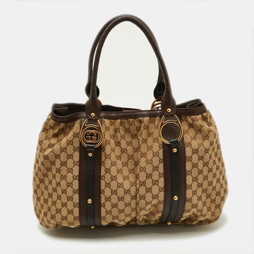 GUCCI Beige/Ebony GG Canvas and Leather Interlocking G Large Tote