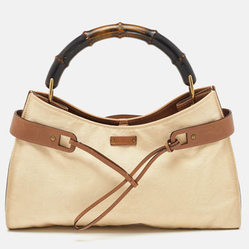 GUCCI Beige/Brown Canvas and Leather Vintage Bamboo Hobo
