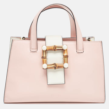 GUCCI Pink/White Leather Small Bamboo Buckle Tote