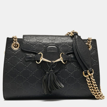 GUCCI Black ssima Leather Small Emily Chain Shoulder Bag