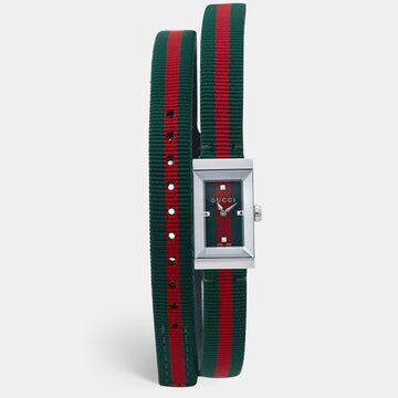 Gucci Green Red Stainless Steel Canvas Leather G-Frame YA147503 Women's Wristwatch 14 mm