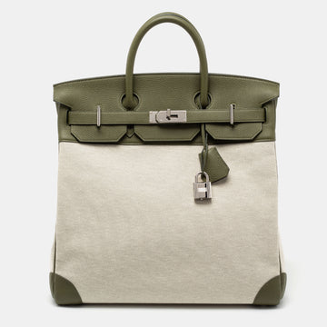 Hermes Vert Veronese/Beige Canvas and Leather Palladium Finish HAC Birkin 40 Bag