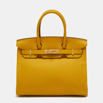 Hermes Jaune Amber Taurillon Clemence Leather Gold Finish Birkin 30 Bag