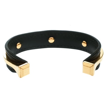 Hermes Black Leather Gold Plated Open Cuff Bracelet