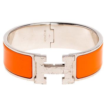 Hermès Clic Clac H Orange Enamel Palladium Plated Wide Bracelet