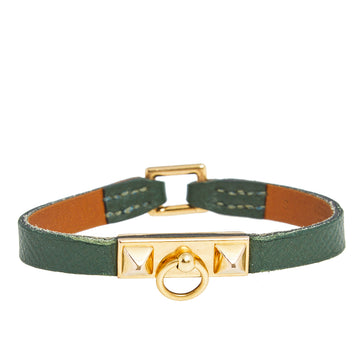 Hermès Green Leather Gold Plated Micro Rivale Bracelet S
