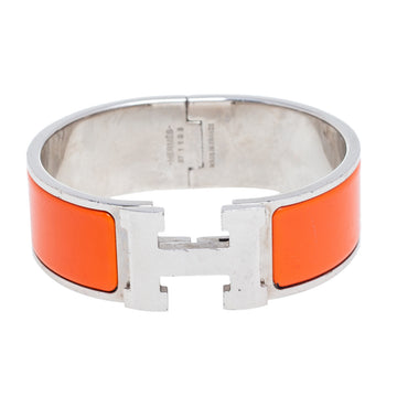 Hermes Clic Clac H Orange Enamel Palladium Plated Wide Bracelet PM