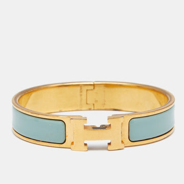 Hermès Clic H Aqua Blue Enamel Gold Plated Narrow Bracelet
