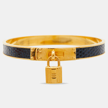 Hermès Kelly Lock Cadena Blue Leather Gold Tone Metal Bangle Bracelet