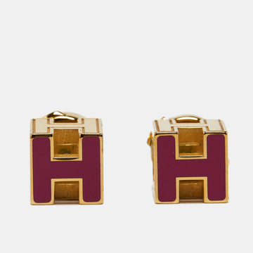 Hermès Cage d'H Gold Plated Pink Lacquer Stud Earrings