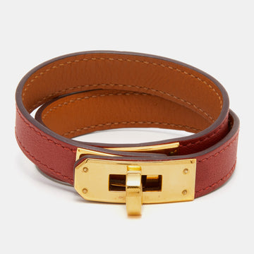Hermes Brown Leather Gold Plated Kelly Double Tour Bracelet