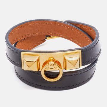 Hermès Black Leather Gold Plated Rivale Double Tour Bracelet S