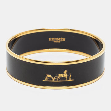 Hermes Caleche Black Enamel Gold Plated Wide Bangle Bracelet