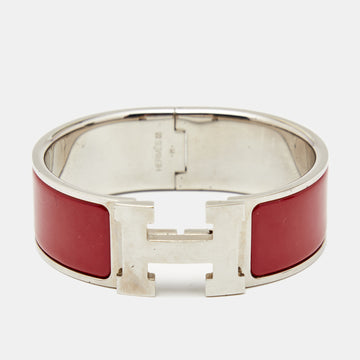 Hermès Clic Clac H Red Enamel Palladium Plated Wide Bracelet