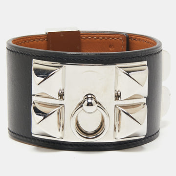 Hermès Black Leather Palladium Plated Collier de Chien Wrap Bracelet S