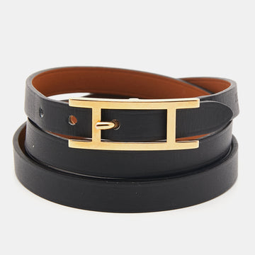 Hermès Black Leather Gold Plated Hapi 3  Wrap Bracelet S