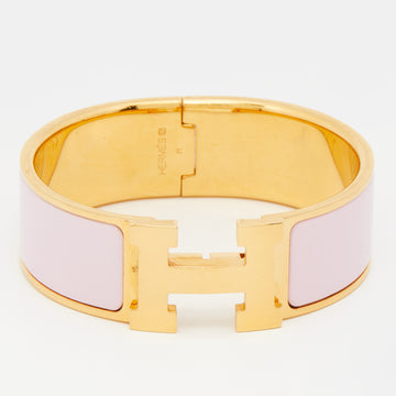 Hermes Clic Clac H Pink Enamel Gold Plated Wide Bracelet