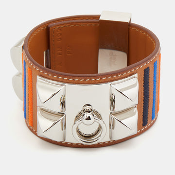 Hermes Collier De Chien Brown Leather Striped Palladium Plated Bracelet T2