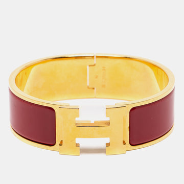 Hermès Clic Clac H Burgundy Enamel Gold Plated Wide Bracelet