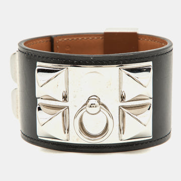 HERMES Collier De Chien Black Leather Palladium Plated Wide Cuff Bracelet S
