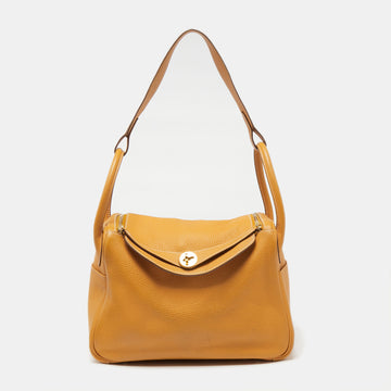 Hermes Jaune Ambre Clemence Leather Gold Finish Lindy 30 Bag