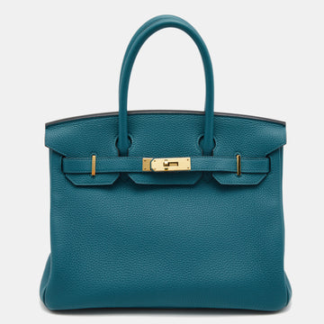 Hermes Bleu de Galice Togo Leather Gold Finish Birkin 30 Bag