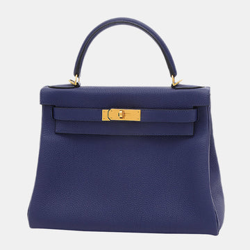 Hermes Kelly 28 Inner Sewn Togo Blue Ankle C Engraved Handbag