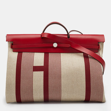 Hermes Beige/Red H Vibration Canvas and Leather Herbag Zip 50 Bag