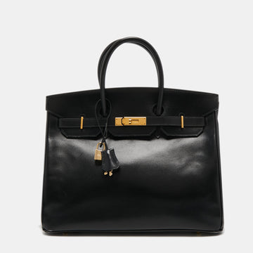Hermes Noir Box Calf Leather Gold Finish Birkin 35 Bag