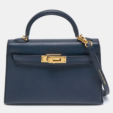 Hermes Blue Nuit Epsom Leather Gold Finish Mini Kelly Sellier 20 Bag