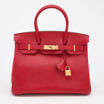 Hermes Rouge Casaque Veau Epsom Leather Gold Finish Birkin 30 Bag