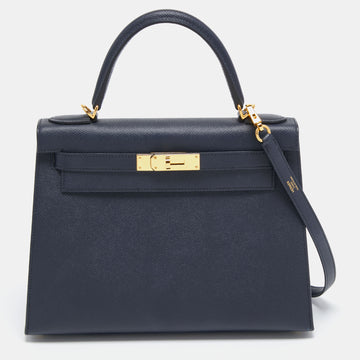 Hermes Blue Nuit Epsom Leather Gold Finish Kelly Sellier 28 Bag
