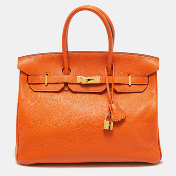 Hermes Orange Clemence Leather Gold Finish Birkin 35 Bag