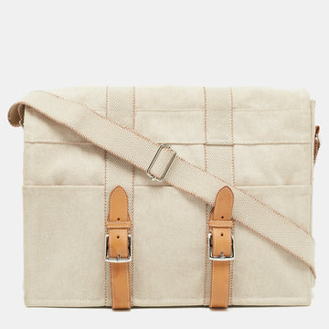 HERMES Beige/Natural Canvas and Leather Diaper Messenger Bag