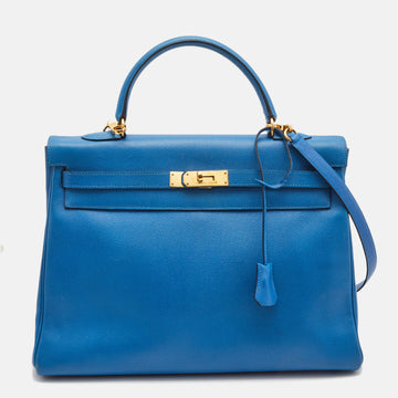 Hermes Bleu Azur Epsom Leather Gold Finish Kelly Retourne 35 Bag