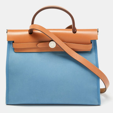 HERMES Bleu Brighton/Vache Naturel Leather and Canvas Herbag Zip 31 Bag