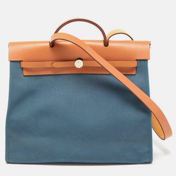 HERMES Natural/Bleu De Malte Leather and Canvas Herbag Zip 39 Bag