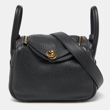 Hermes Black Taurillon Clemence Leather Gold Finish Mini Lindy Bag